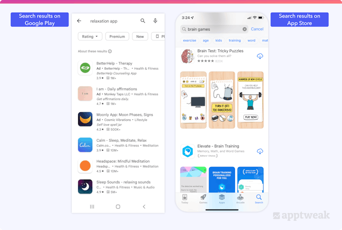 Search results on the App Store vs Google Play 